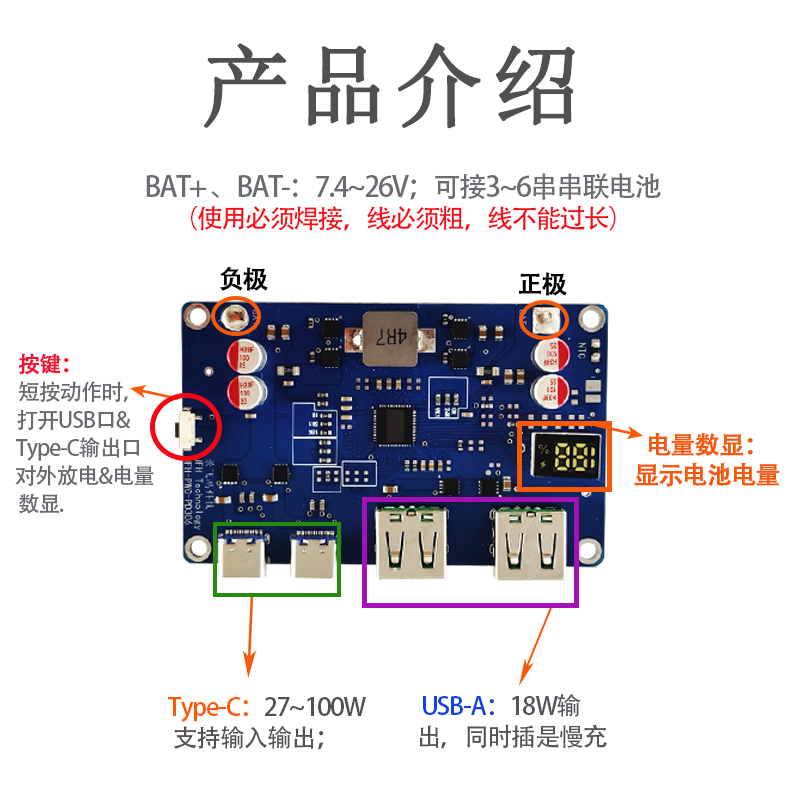 100 W 双向快充模块 Type-C 输入输出 5-20 V 可调 支持 QC/AFC/FCP产品演示图3